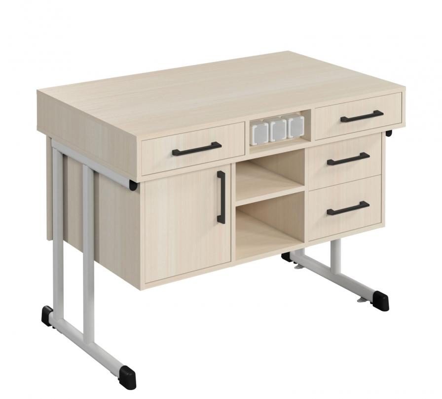 Стіл демонстр.,з розетками, 1200х750х900 мм, стільниця–з хім.стійким HPL, каркас-посил.вертикал.поскоовал.труба, з кріпл-ням до підлоги, АНШАР ГРУП (100302 HPL)